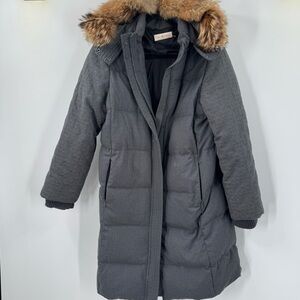 Tory Burch Sasha Grey Puffer Long Coat with Fur Hood Size Small
